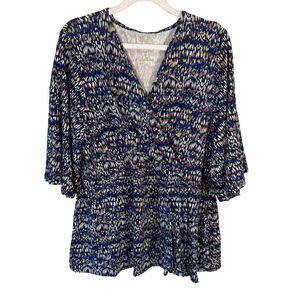 Blue Sky V-Neck Abstract Multicoloured Patterned Blouse Size XL Casual Stretchy